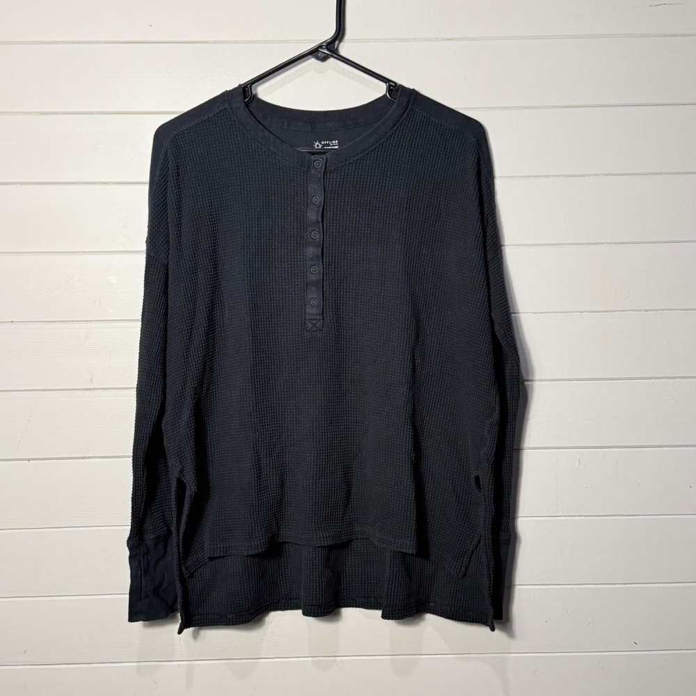 OFFLINE by Aerie Waffle Knit Henley Womens XS Black Oversized Long Sleeve Top